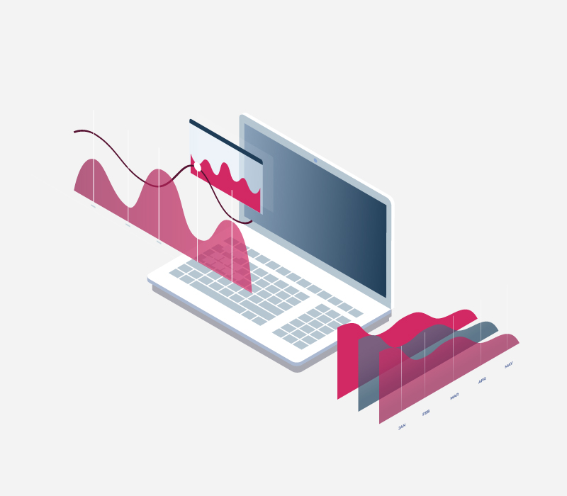 Laptop mit 3 verschiedenen Statistiken davor zu Aktienfonds