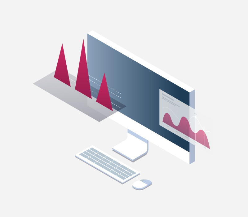 PC Bildschirm, Tastatur und Maus und zwei Statistiken davor zum Thema ETF und Indexfonds