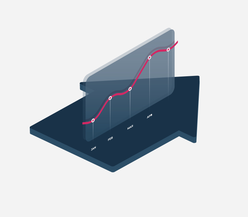 Pfeil mit einer darauf aufgestellten Statistik zum Thema Immobilien, mit steigender Kurve von Januar-April