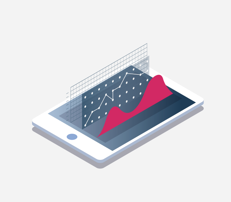 Smartphone mit darüber aufgestellten Diagrammen zu Mischfonds